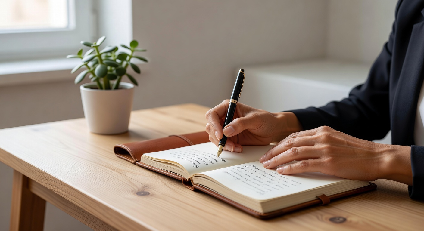 Persona escribiendo en un diario personal de reflexión y desarrollo